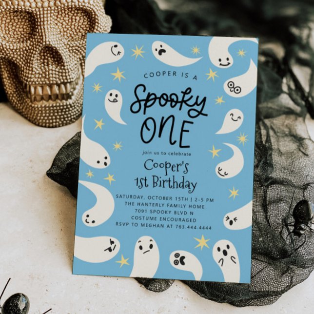Convite Spooky One Halloween Blue Ghost Birthday (Criador carregado)