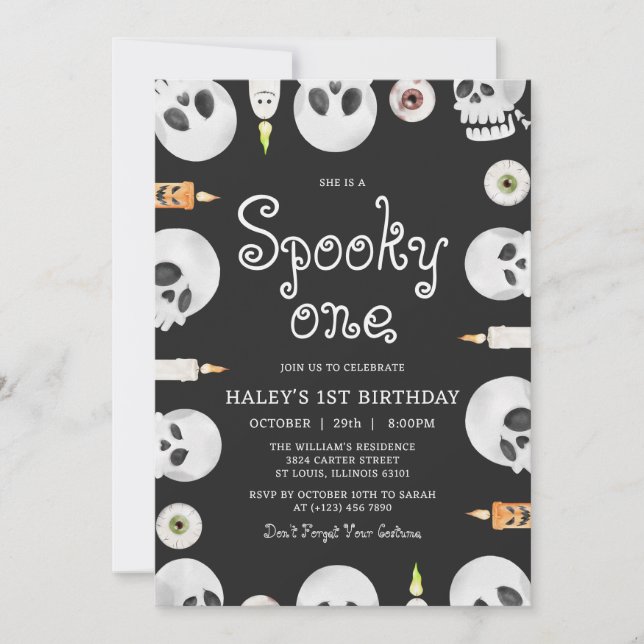 Convite Spooky One Halloween Skulls Kids primeiro aniversa (Frente)
