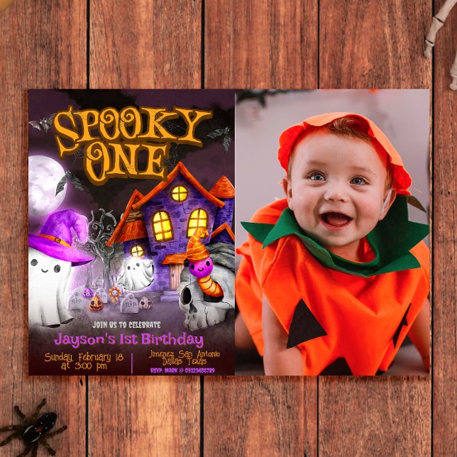 Convite Spooky One - primeiro aniversario com foto (Spooky One - 1st Birthday Halloween Landscape Invitation with Photo)