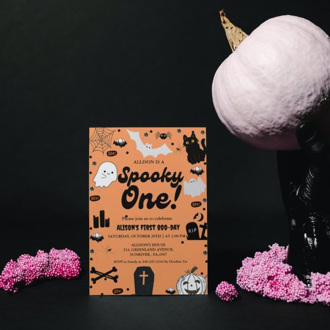 Convite Spooky One Retro Grovy Halloween Girl primeiro ani (Criador carregado)