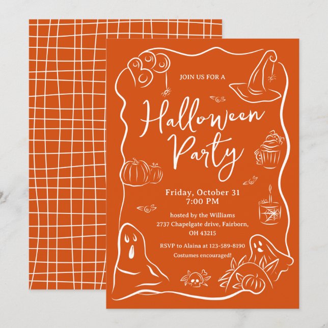 Convite Spooky Quirky Mão Desenhada Doodle Festa de Hallow (Frente/Verso)