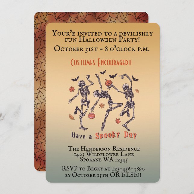 Convite Spooky Skeletons Dançando - Festa de Halloween (Frente/Verso)