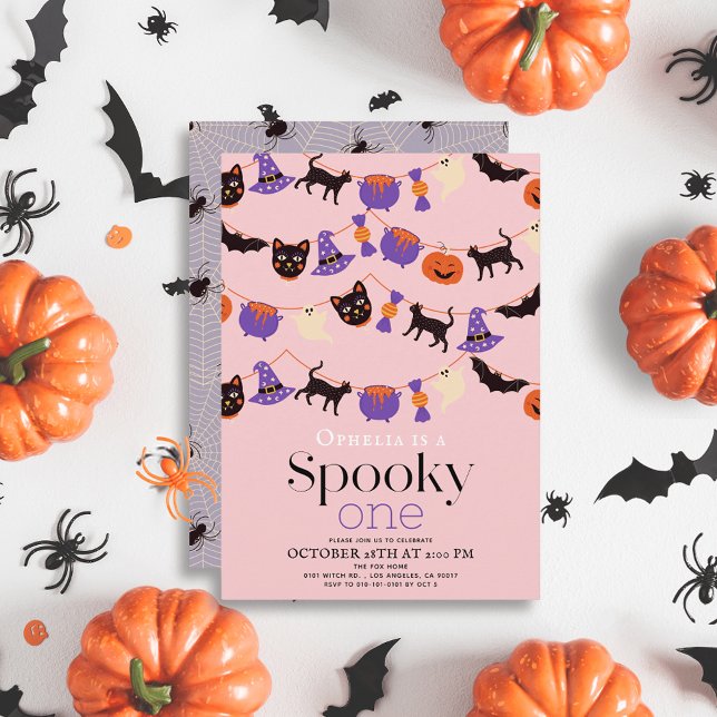 Convite Spooky, Um primeiro aniversario Rosa de Halloween (Criador carregado)