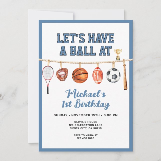 Convite Sport Boy Ball All Star Themed Party Blue Birthday (Frente)