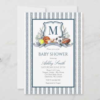 Convite Sports Baby Shower, Preppy Sports Crest Invite