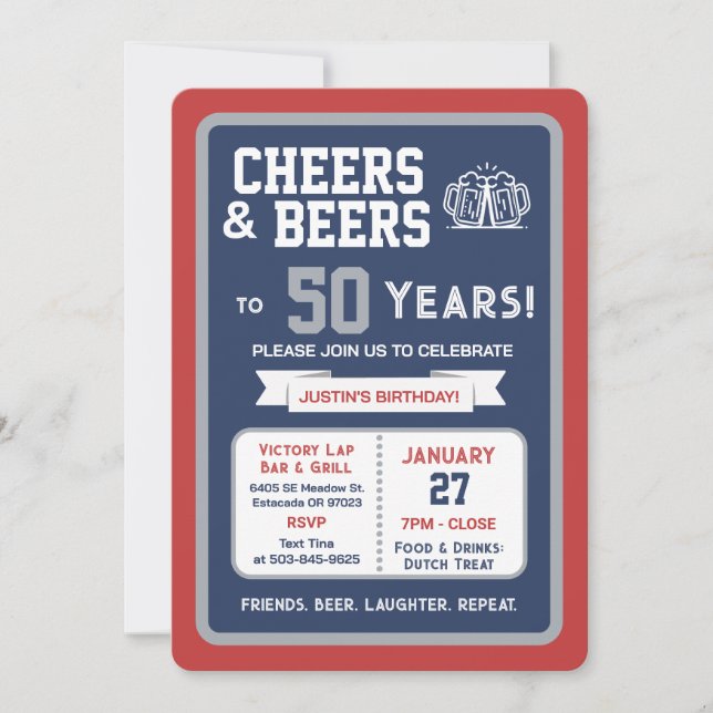 Convite Sports Bar Birthday Cheers and Beers to 50 Years  (Frente)
