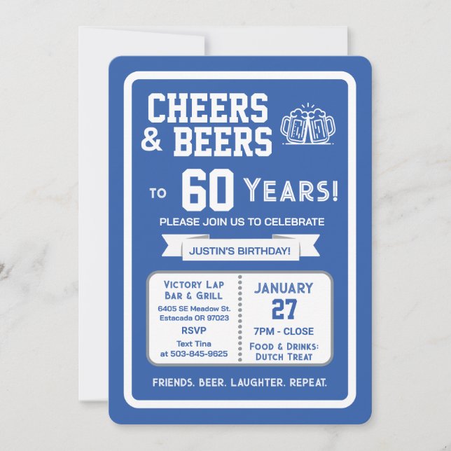 Convite Sports Bar Birthday Cheers and Beers to 60 Years  (Frente)