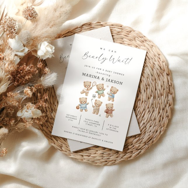 Convite Sports Bear Baby Shower. Bearly Wait (we can bearly wait sport bear invite)