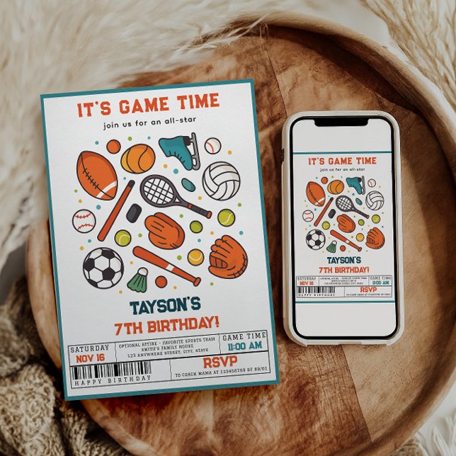 Convite Sports Game Time All-Star 7th Birthday Party | Boy (Sports Game Time All-Star Birthday | Kids Sport invite)