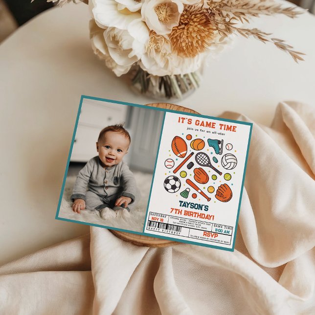 Convite Sports Game Time All-Star 7th Birthday Party | Boy (Sports Game Time All-Star Birthday | Kids Sport photo invite)