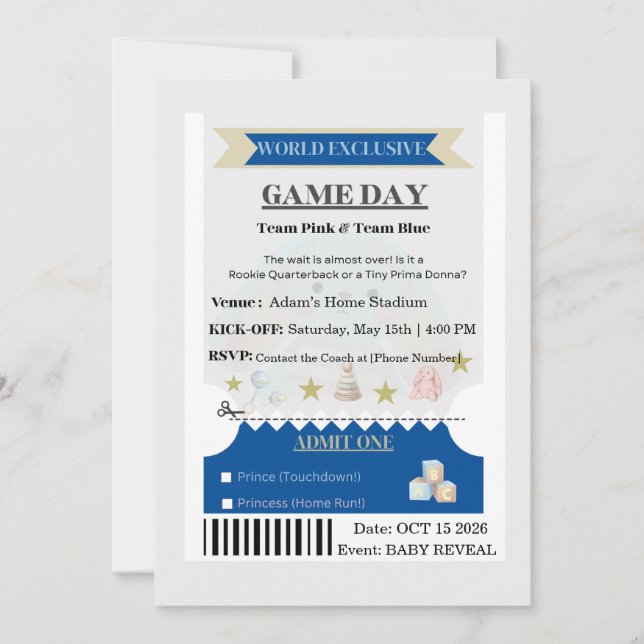 Convite Sporty Ticket Gender Reveal Invitation  (Frente)