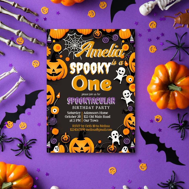 Convite Sppoky 1 Retrô da virilha de aniversário de Hallow (Spooky one Halloween birthday party template invitation instant download baby ghosts jack o lanterns)
