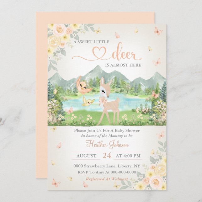 Convite Spring Bloom and Butterflies Deer Baby Shower  (Frente/Verso)