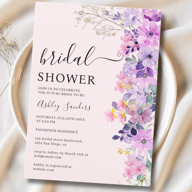 Convite Spring Bridal shower with wildflowers Purple Color (Criador carregado)