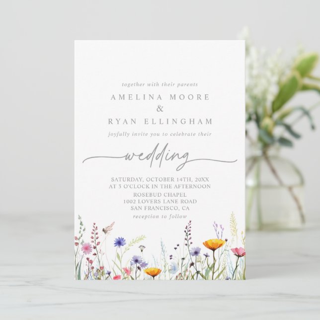 Convite Spring Colorful Wildflower Front & Back Wedding (Em pé/Frente)