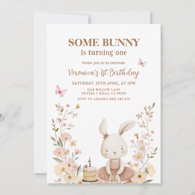 Convite Spring Cute Bunny Rabbit 1st Birthday  (Frente)