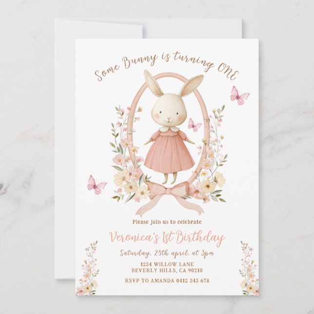 Convite Spring Cute Floral Bunny Rabbit 1st Birthday  (Frente)