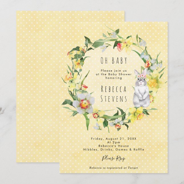 Convite spring daffodil bunny baby shower invitation (Frente/Verso)