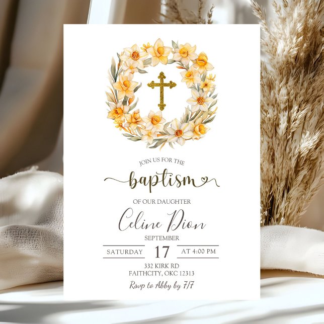 Convite Spring Floral Daffodil Wreath Baptism (Criador carregado)