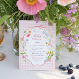 Convite Spring Floral Pink Gingham Baby Shower