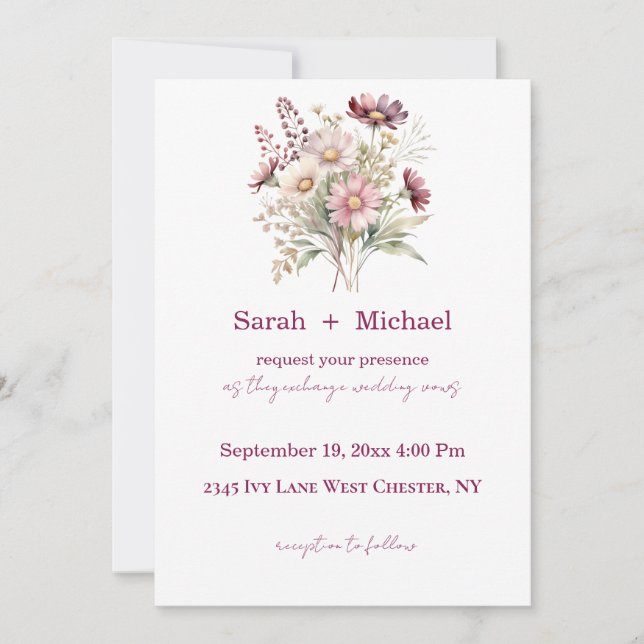 Convite Spring Floral Wine Wedding Invitation (Frente)