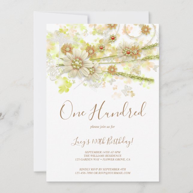 Convite Spring Flower & Beads Decorative 100th Birthday (Frente)