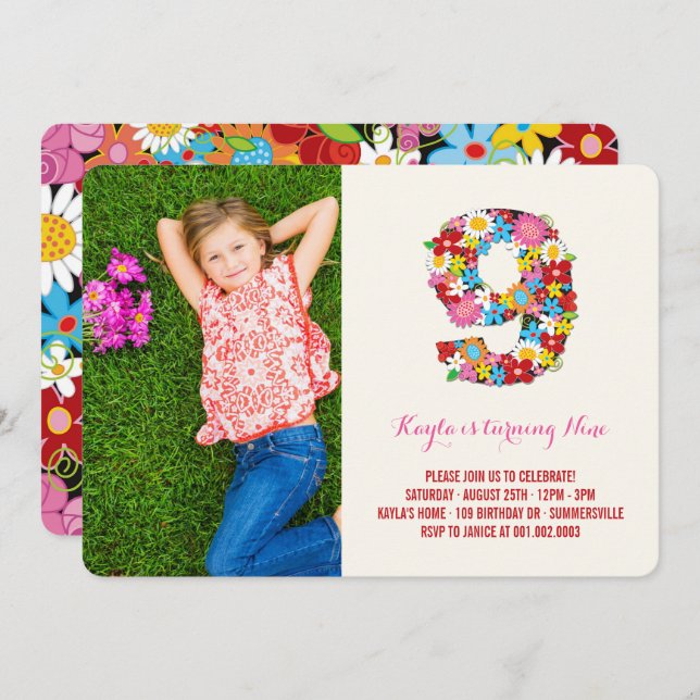 Convite Spring Flowers Nove Girl 9th Birthday Foto Invite (Frente/Verso)