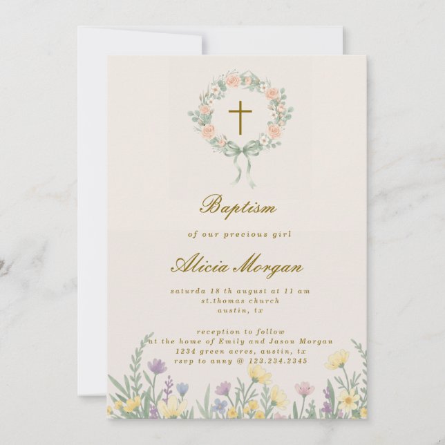 Convite Spring Garden Floral Cross Baptism Invitation (Frente)