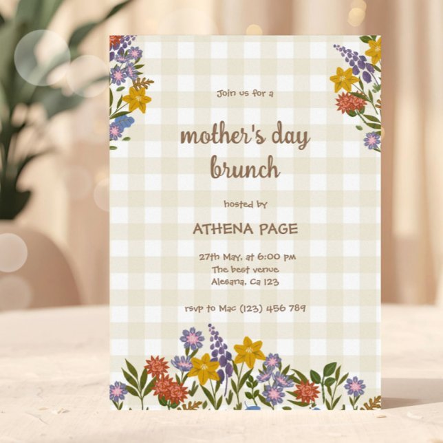 Convite Spring Gingham Floral Mother's Day (Mother’s Day Brunch Invitation Template | Floral Mother's Day Invite | Editable Mother's Day Event I)