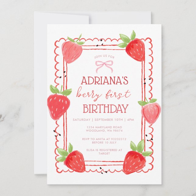 Convite Spring Girl Berry First Birthday Invitation (Frente)