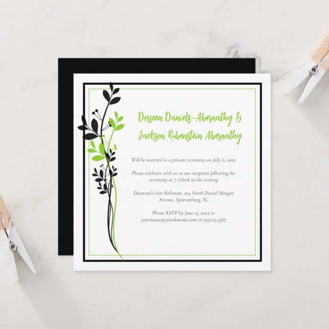 Convite Spring Green and Black Floral Reception Only | (Frente/Verso In Situ)