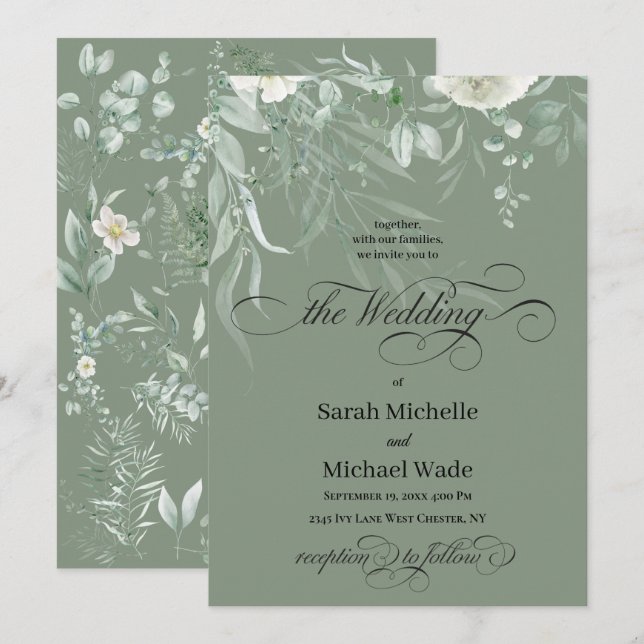 Convite Spring Greenery Calligraphy Wedding Invitation (Frente/Verso)