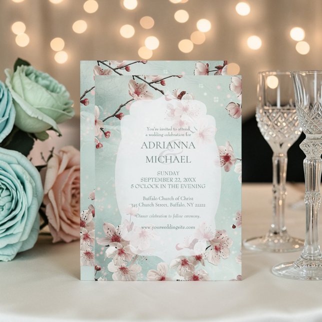 Convite Spring Pink Floral on Teal Wedding Invitation (Criador carregado)
