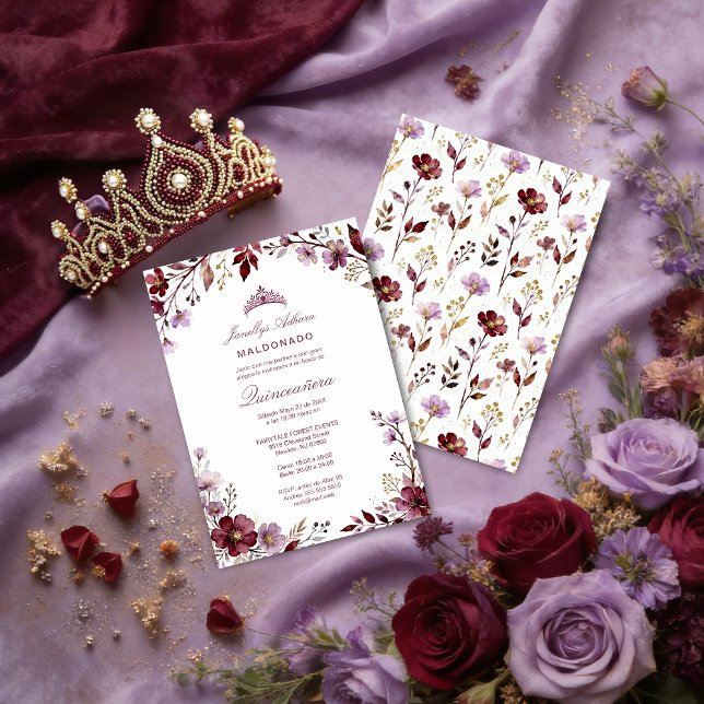 Convite Spring Purple-Toned Botanical Branches Tiara XVs (Stylish Spring Botanical Purple-Toned Exquisite Branches Quinceañera Invitation Cards.)
