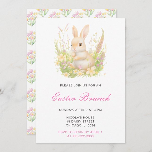Convite Spring Rabbit Easter Brunch (Frente/Verso)