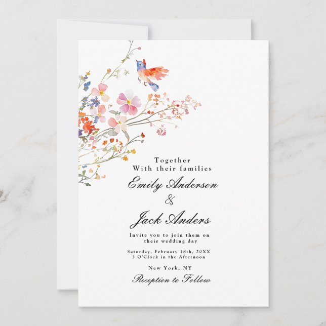 Convite spring simple hand drawn Floral elegant wedding (Frente)
