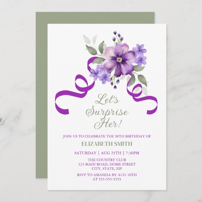 Convite Spring Violet Flower Greenery Surprise Birthday (Frente/Verso)