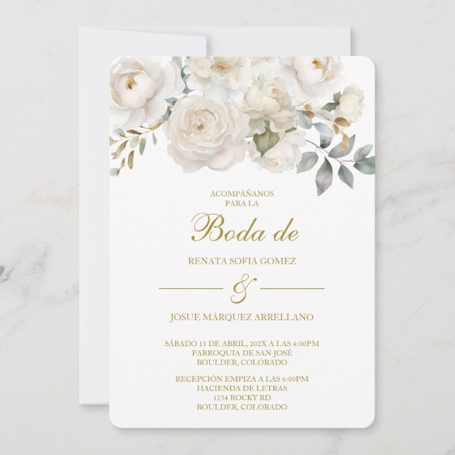 Convite Spring white flower Wedding Invitation in Spanish (Frente)