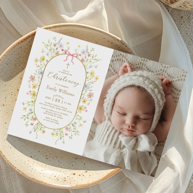 Convite Spring Wildflower Meadow Christening Photo (Criador carregado)