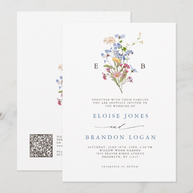 Convite Spring Wildflower Meadow Garden QR Code Wedding   (Frente/Verso)