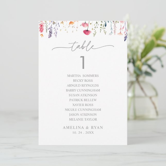 Convite  Spring Wildflower Table Number 1 Seating Chart (Em pé/Frente)