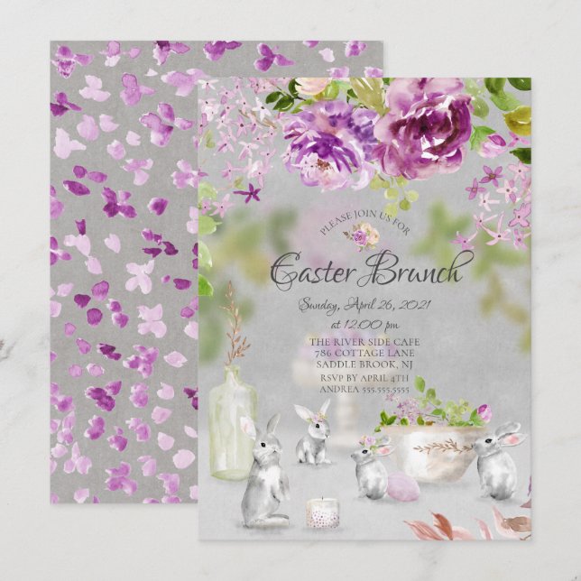 Convite Springtime Peonies Bunny Floral Páscoa Brunch (Frente/Verso)
