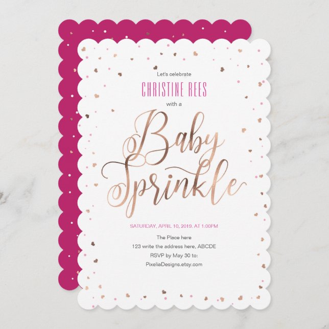 Convite Sprinkle Com Amor, Moderno, RoseGold, Baby Sprinkl (Frente/Verso)