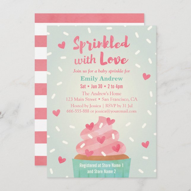 Convite Sprinkle com Cupcake de amor Chá de aspersão (Frente/Verso)