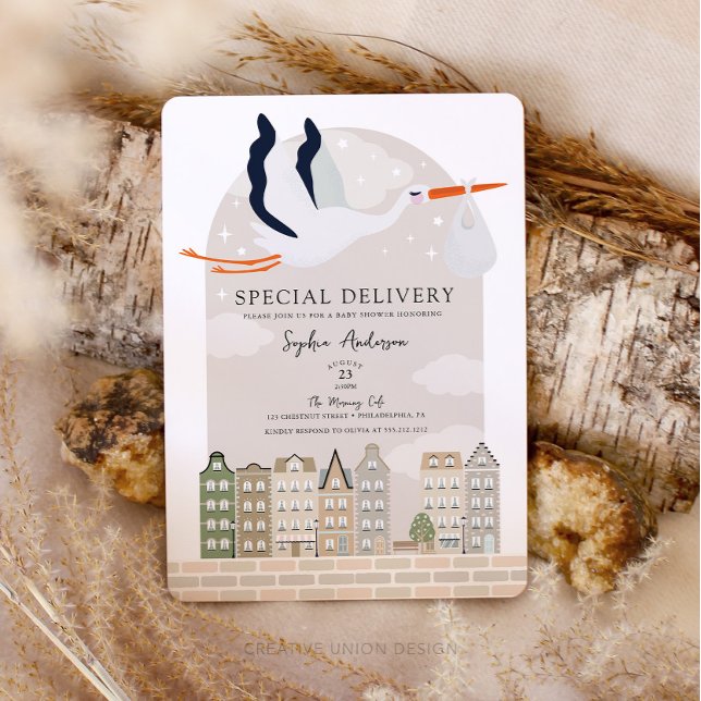 Convite Sprinkle de Entrega Especial do Chá de fraldas Sto (Boho Baby Shower Stork)
