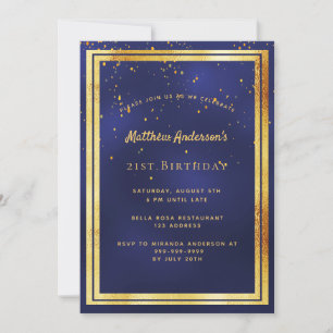 Convite sprinkle dourado azul aniversário de 21 anos