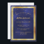Convite sprinkle dourado azul aniversário de 30 anos<br><div class="desc">Um cartão de convite de festas moderno e moderno para homens, caras, homens. Um fundo azul escuro, azul marinho. A cor azul é irregular. Com uma falso moldura dourada e um sprinkle confetti de ouro, letras coloridas de ouro. Modelos para informações sobre a sua parte. Fundo: fundo azul com sprinkle...</div>