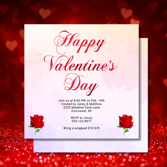 Convite SQ da Parte Rosa vermelha do Pastel do feliz dia d (Happy Valentine's Day Pastel Red Roses Party SQ Invitation)