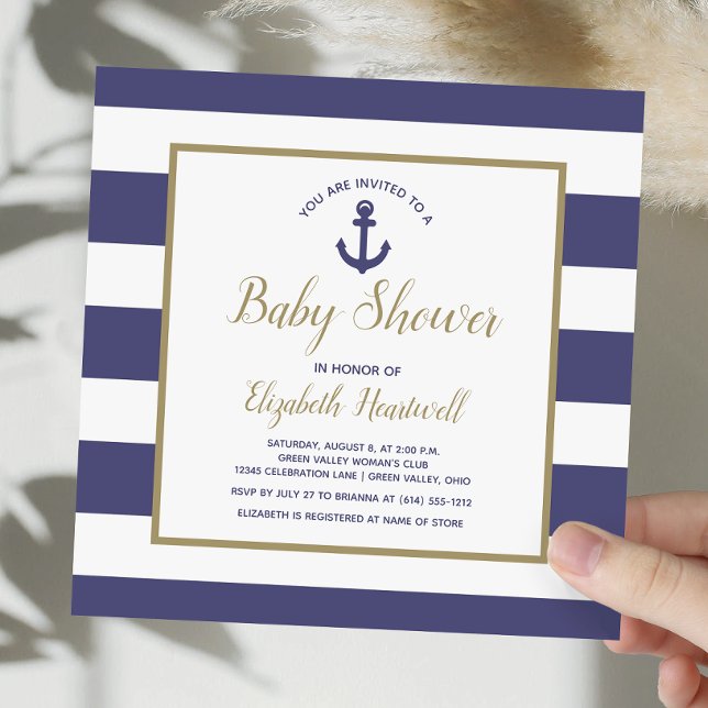 Convite Square Nautical Navy Blue Anchor Boy Baby Shower (Criador carregado)