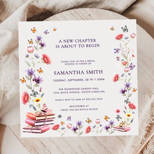 Convite Square Poppy & Lavender Book Theme Bridal Shower (Square poppy & lavender bridal shower invitation — elegant floral storybook design.)